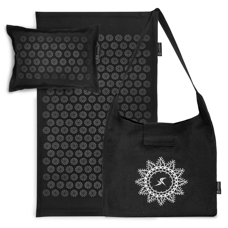ProsourceFit Ki Acupressure Mat and Pillow Set with 100% Natural Linen for Back/Neck Pain Relief and Muscle Relaxation, Black Pearl - Image 1
