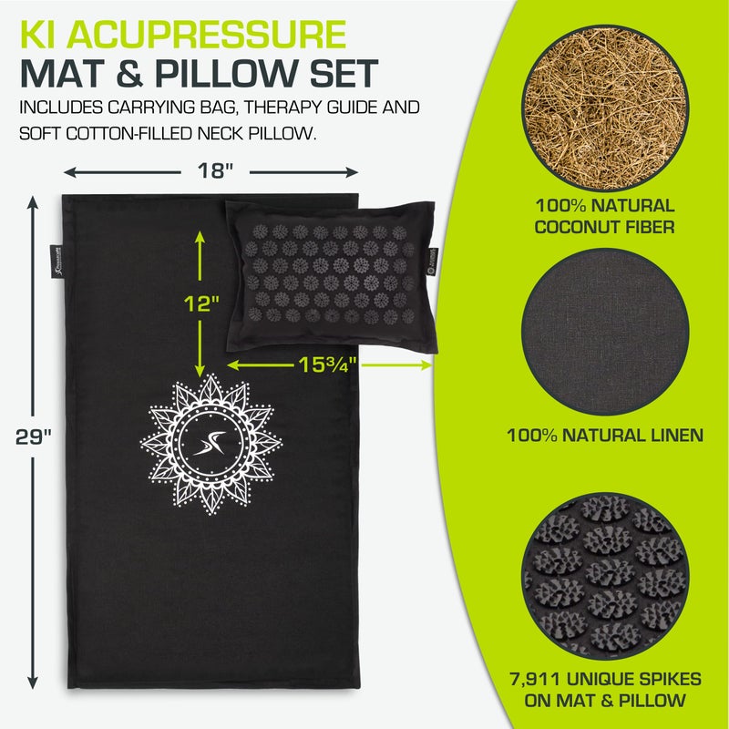 ProsourceFit Ki Acupressure Mat and Pillow Set with 100% Natural Linen for Back/Neck Pain Relief and Muscle Relaxation, Black Pearl - Image 2