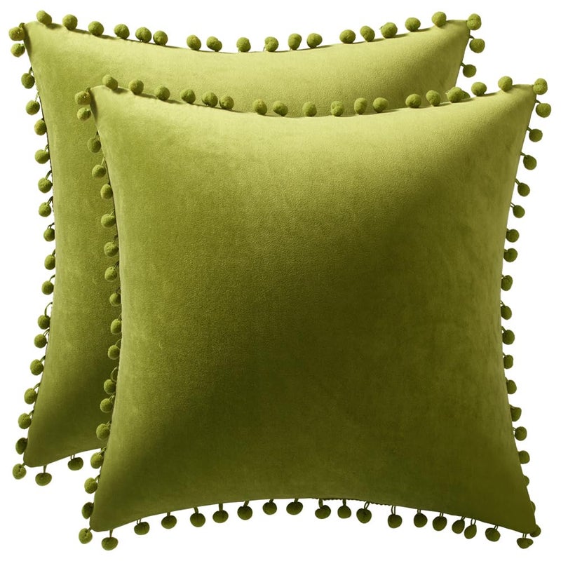 DEZENE Couch Pillow Cases 24x24 Chartreuse 2 Pack Cozy Soft Pompoms Velvet Square Throw Pillow Covers for Farmhouse Home Decor