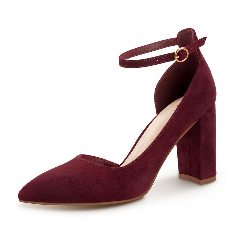 PARTY Women's Closed Toe Pumps 3-Inch Chunky Heels Pumps Ankle Strap Dress Wedding Shoes,Burgundy Su,9,S1 - Image 1