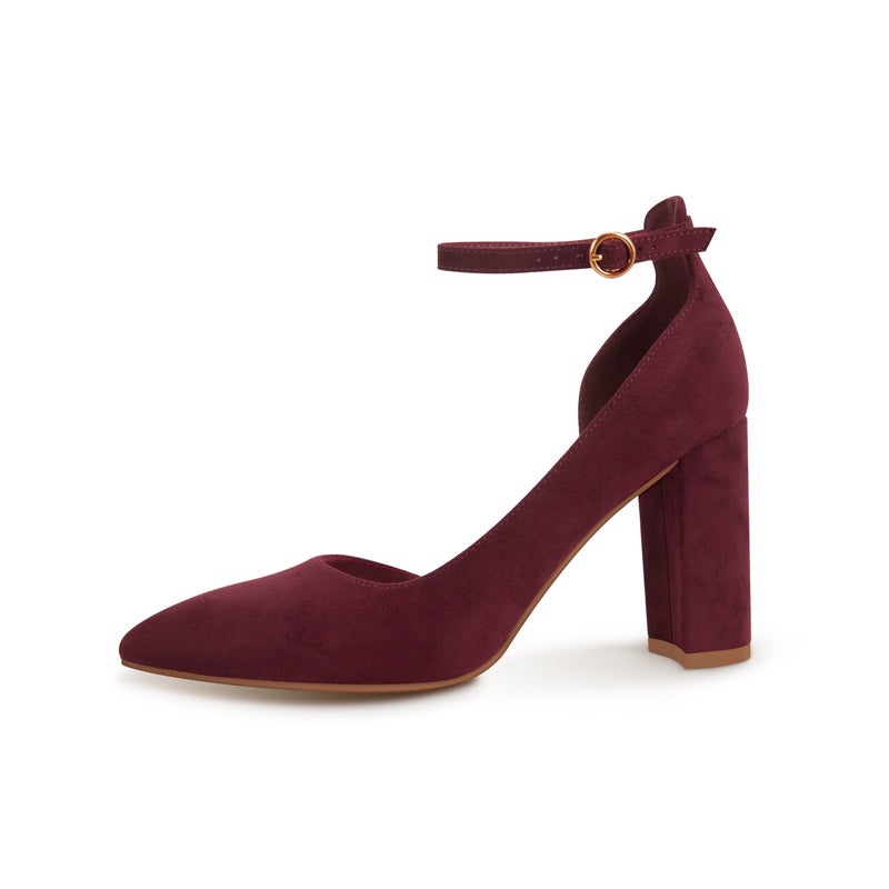 PARTY Women's Closed Toe Pumps 3-Inch Chunky Heels Pumps Ankle Strap Dress Wedding Shoes,Burgundy Su,9,S1 - Image 5