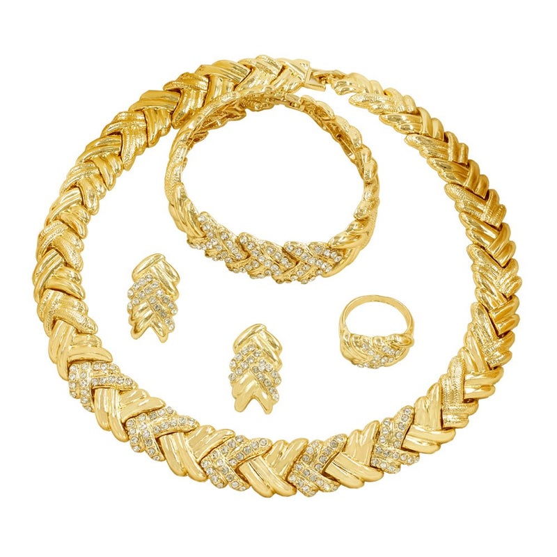 LIFFLY Fashion Crystal Jewelry Set for Women, Gold Plated Jewelry for Weddings, Dubai Gold Necklace Earrings Set - Image 1