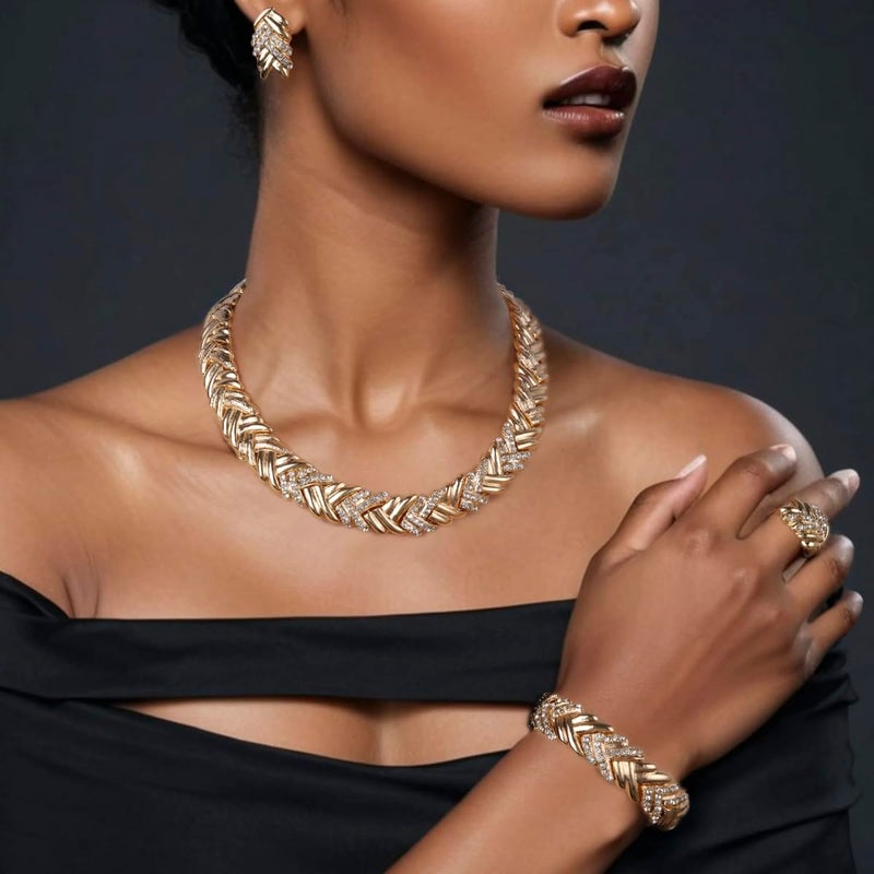 LIFFLY Fashion Crystal Jewelry Set for Women, Gold Plated Jewelry for Weddings, Dubai Gold Necklace Earrings Set - Image 3