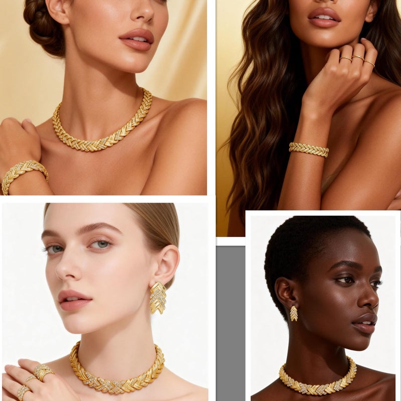 LIFFLY Fashion Crystal Jewelry Set for Women, Gold Plated Jewelry for Weddings, Dubai Gold Necklace Earrings Set - Image 4