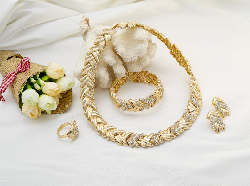 LIFFLY Fashion Crystal Jewelry Set for Women, Gold Plated Jewelry for Weddings, Dubai Gold Necklace Earrings Set - Image 5