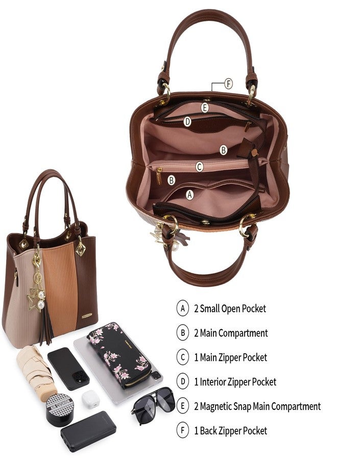 Pomelo Best Purses and Handbags for Women with Multiple Pockets, Leather Top Handle Satchel Fashion Tote Shoulder Bags for Ladies, Brown Combination Fall - Image 2