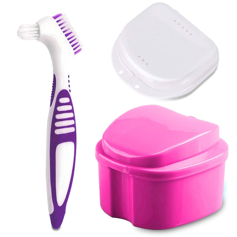 PISSION Denture Bath Case Cup with Denture Cleaner Brush & Retainer Holder Box, Complete Clean Care for Dentures, Clear Braces, Mouth Guard, Night Guard & Retainers,Traveling (Pink) - Image 1