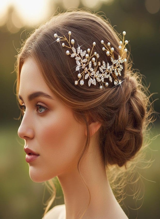 Unsutuo Bridal Crystal Headband Gold Rhinestone Hair Vine Pearls Wedding Accessories for Women and Girls(Gold) - Image 5