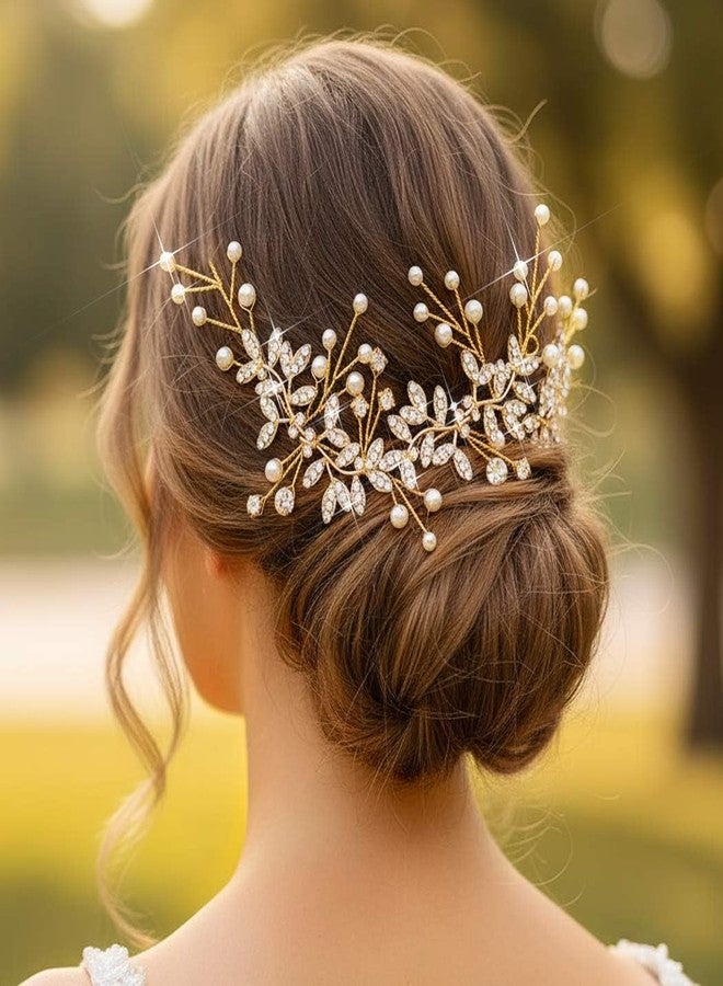 Unsutuo Bridal Crystal Headband Gold Rhinestone Hair Vine Pearls Wedding Accessories for Women and Girls(Gold) - Image 3