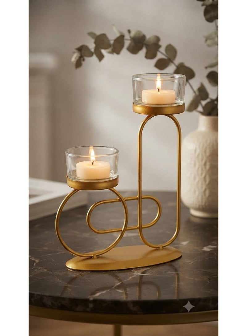 Decorative gold metal candle holder with a gradient geometric design and clear glass cups - a modern candlestick for tables and living rooms - Image 2