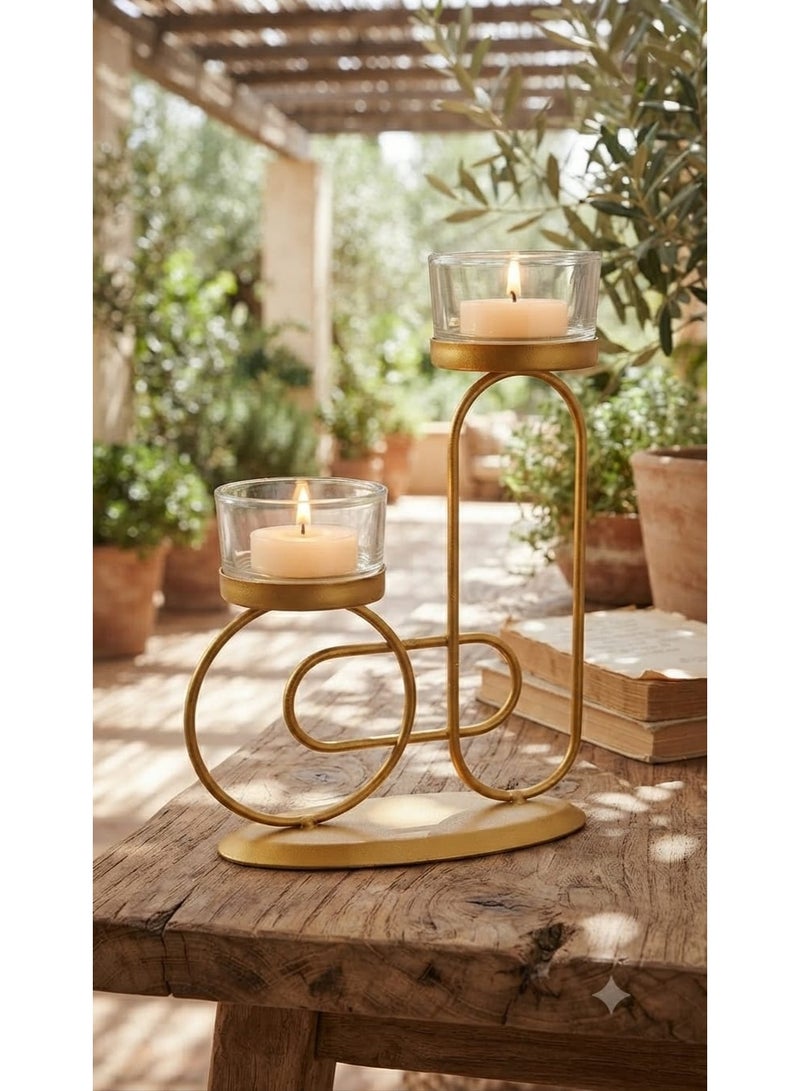 Decorative gold metal candle holder with a gradient geometric design and clear glass cups - a modern candlestick for tables and living rooms - Image 1