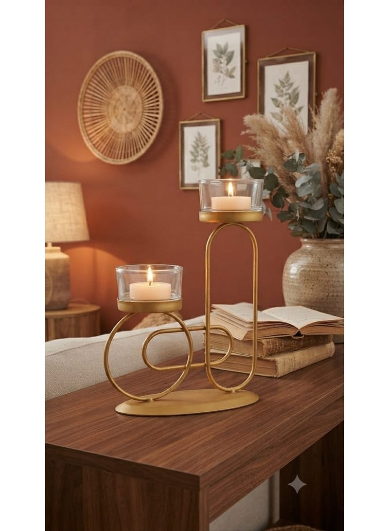 Decorative gold metal candle holder with a gradient geometric design and clear glass cups - a modern candlestick for tables and living rooms - Image 4