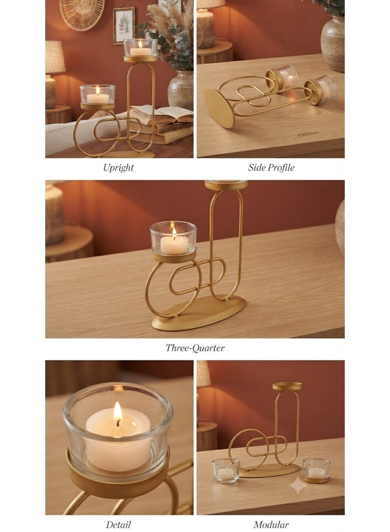 Decorative gold metal candle holder with a gradient geometric design and clear glass cups - a modern candlestick for tables and living rooms - Image 3