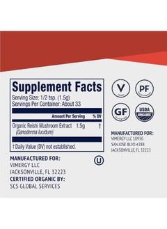 Vimergy Vimergy USDA Organic Reishi Mushroom Extract Powder, 33 Servings – Red Reishi Mushroom - Supports Healthy Immune System - Non-GMO, Kosher, Gluten-Free, Vegan, Paleo - 100% Pure with Zero Fillers (50g)  - Image 4