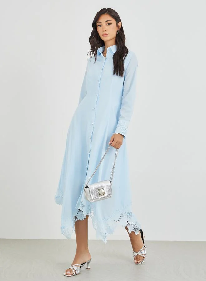 Styli Styli Solid Lace Insert Long Sleeves Shirt Midi Dress