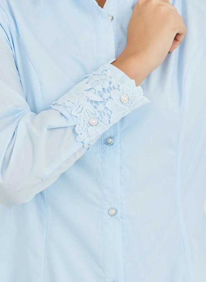 Styli Solid Lace Insert Long Sleeves Shirt Midi Dress