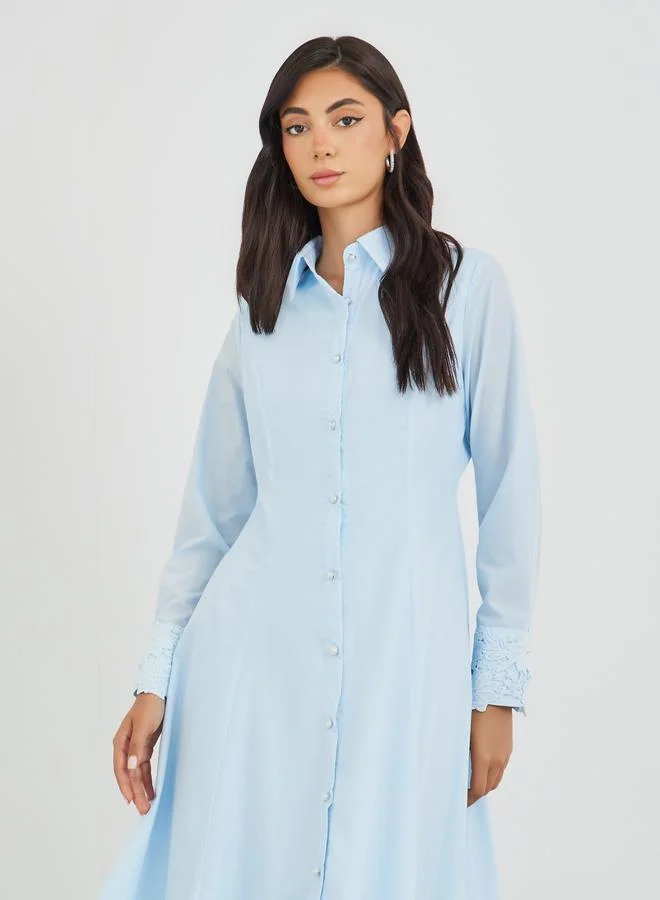 Styli Solid Lace Insert Long Sleeves Shirt Midi Dress