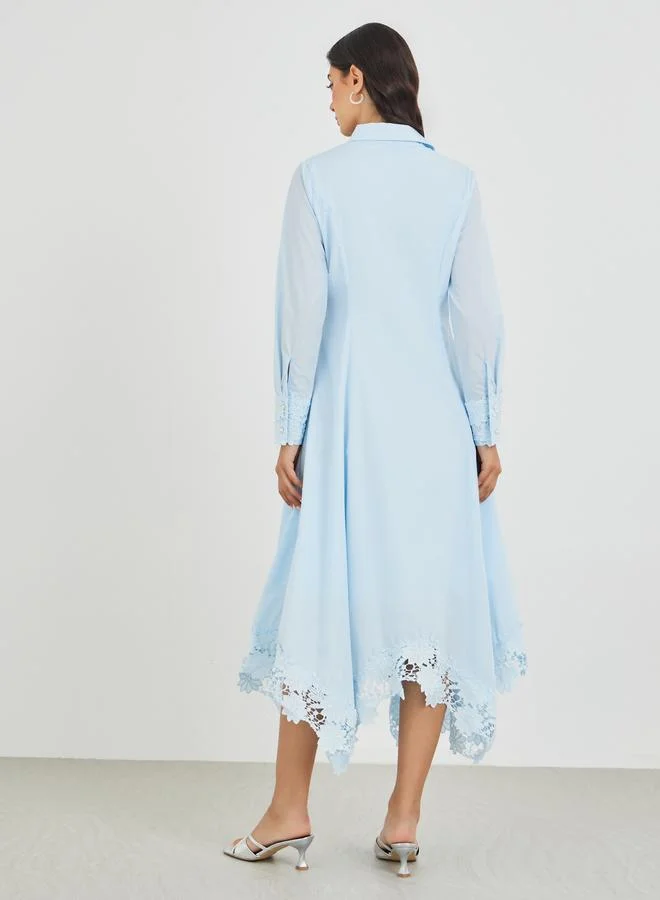 Styli Solid Lace Insert Long Sleeves Shirt Midi Dress