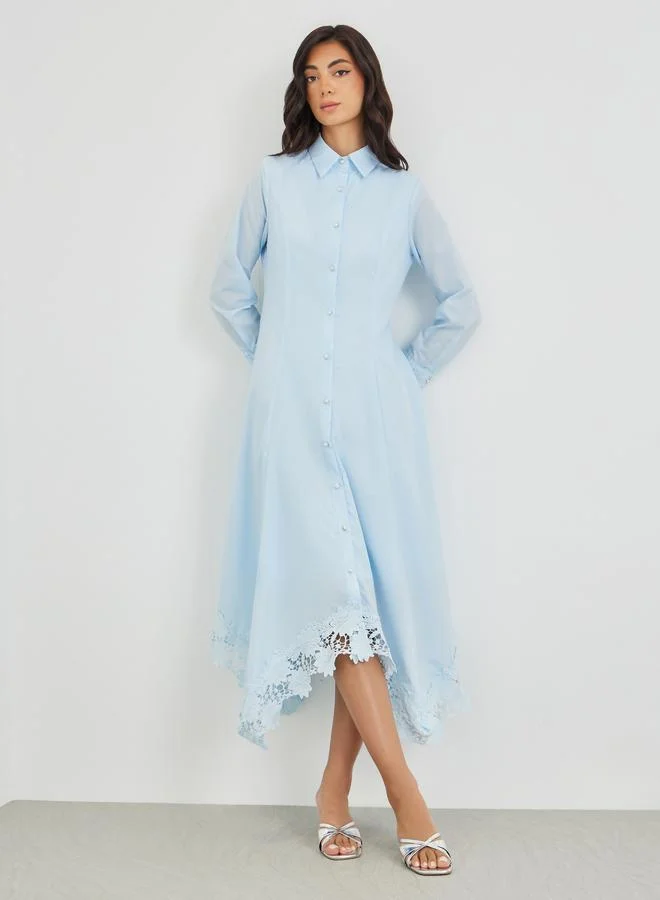 Styli Styli Solid Lace Insert Long Sleeves Shirt Midi Dress