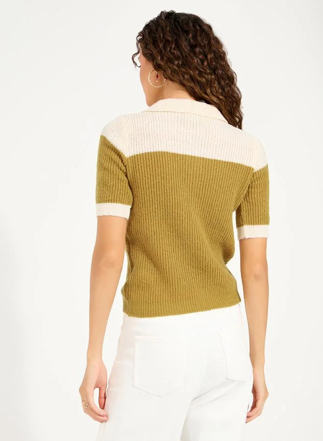 Styli Color Block Half Zip Knit Polo T-Shirt