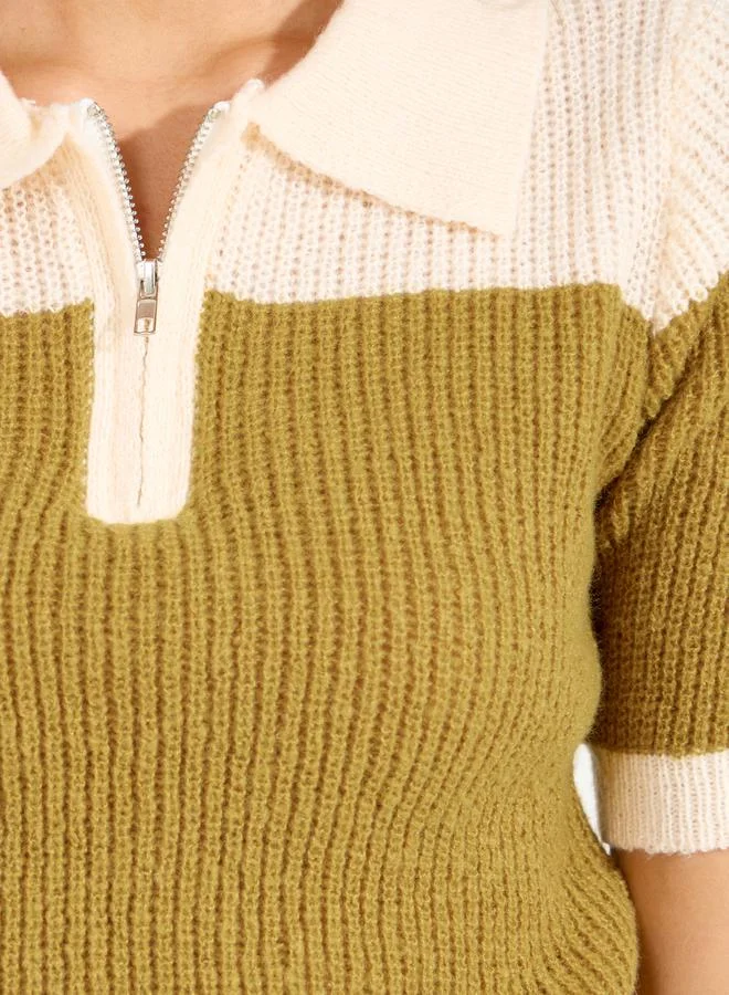 Styli Color Block Half Zip Knit Polo T-Shirt