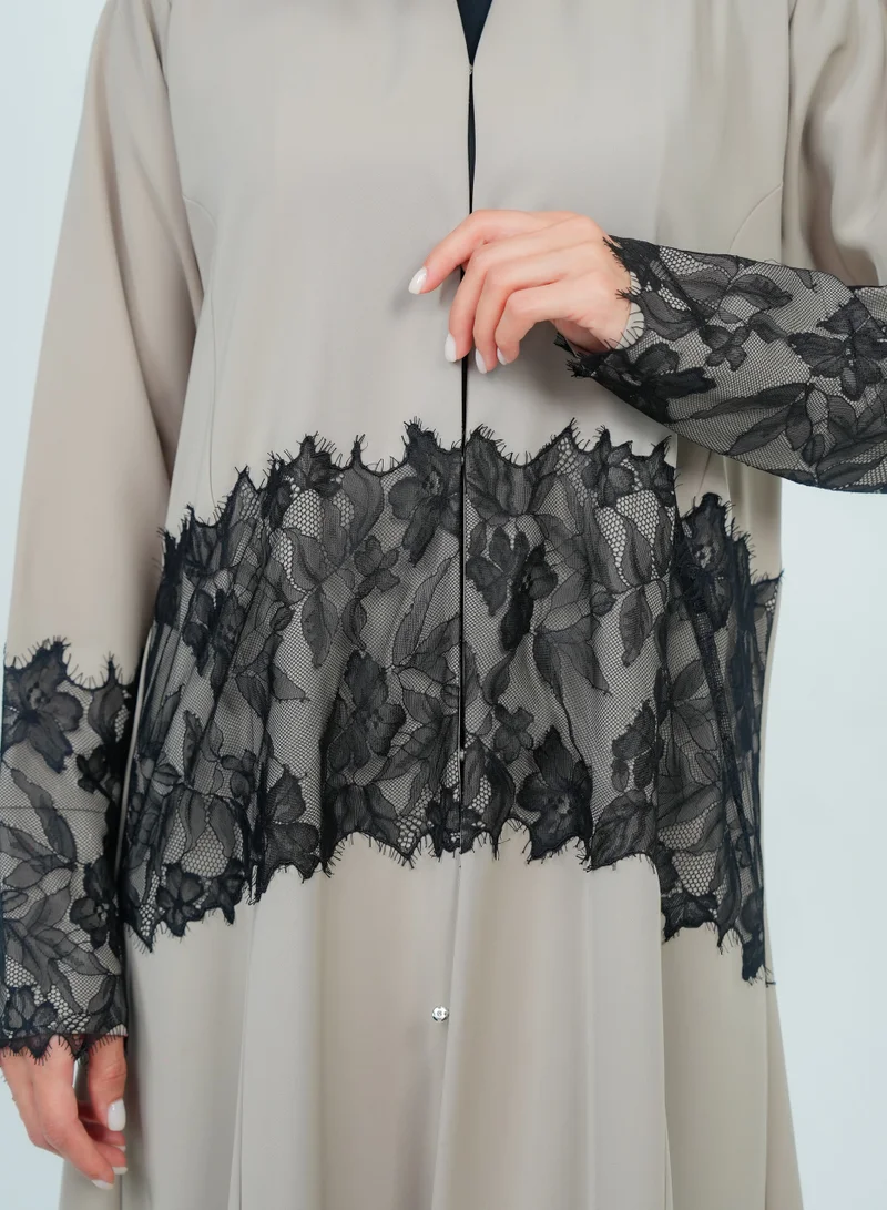 Rosette Abaya Abaya Beige Embellished in Dantil