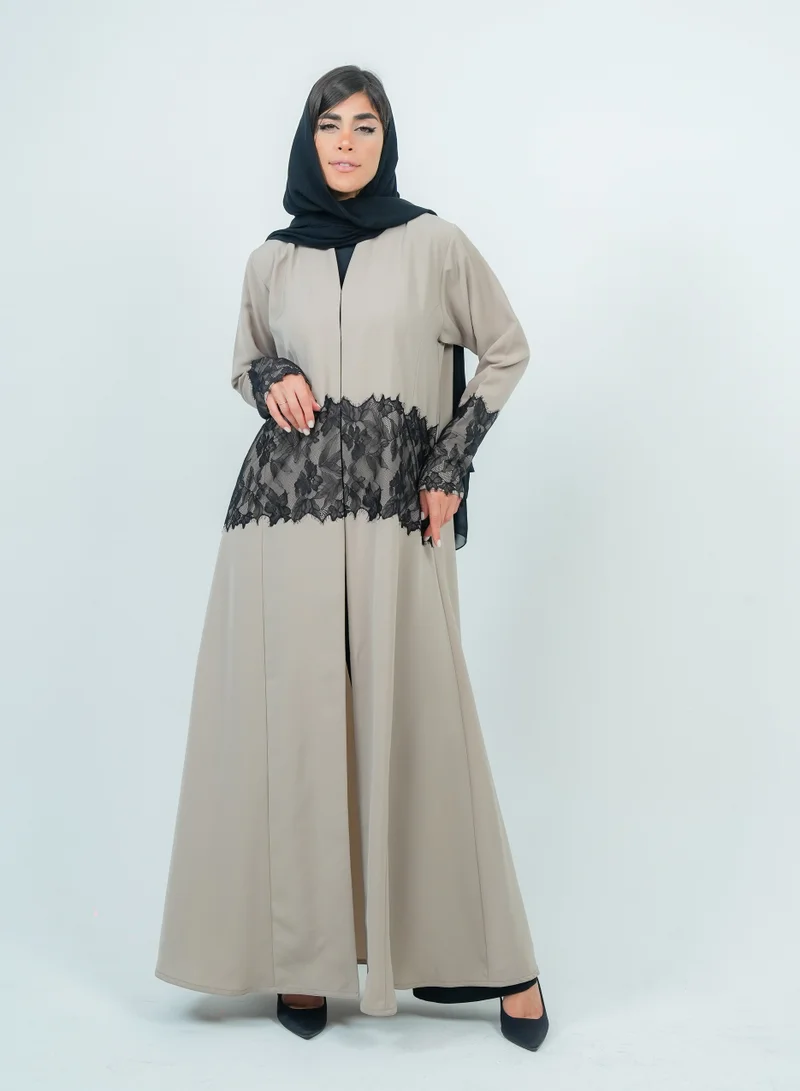 Rosette Abaya Abaya Beige Embellished in Dantil