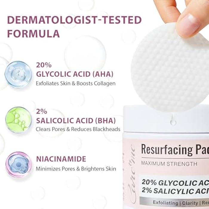 Care Me Glycolic Acid 20% & Salicylic Acid 2% Face Exfoliating Pads (50 Count)- Facial Peel Pads for Anti-Aging, Cleansing, Resurfacing, Brightening, Blemish Control, Revealing Clear, Glowing, Youthful Skin - Image 3