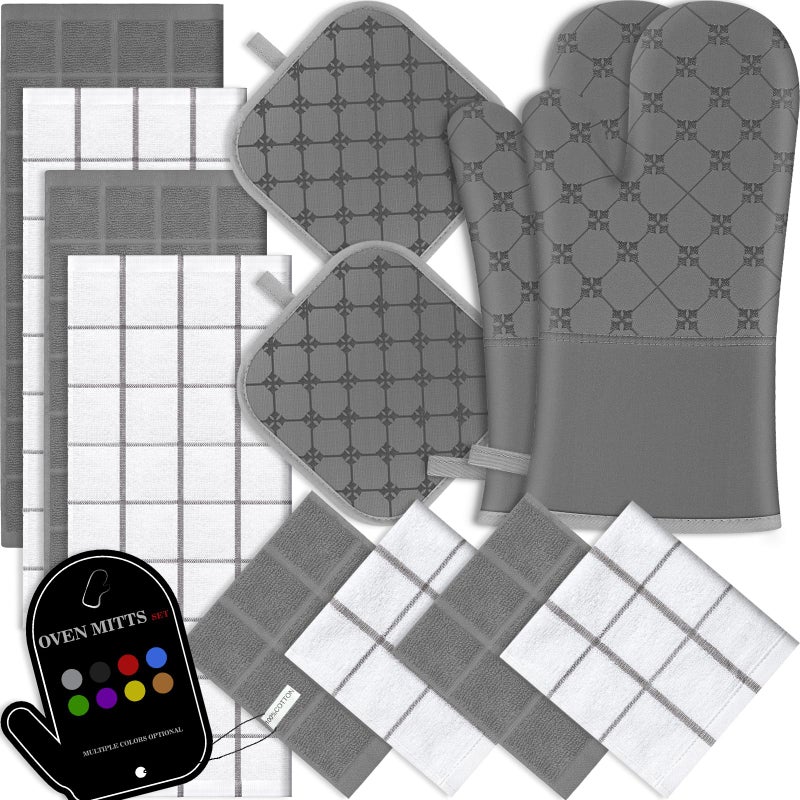 Oven Mitts Kitchen Towels Dishcloths with Pot Holders Sets 12PCS Dish Towels Sets Oven Gloves Pot Pads Heat Resistant 500 Degrees with NonSlip Silicone Surface for Cooking Baking GrillingGray