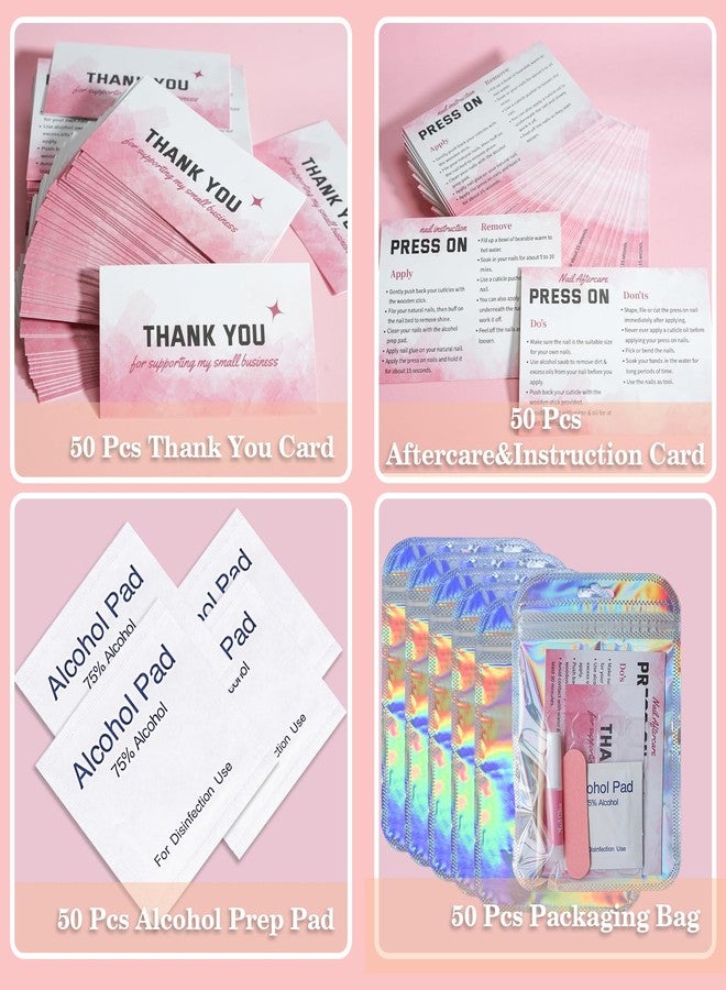 Bebbtiy Press On Nail Tool Kit for Business - Prep Application Disposable Kit With File, Glue, Prep Pads, Instruction Card, Adhesive Tabs, Wood Stick, Holographic Bag (50pcs in Pink) - Image 4