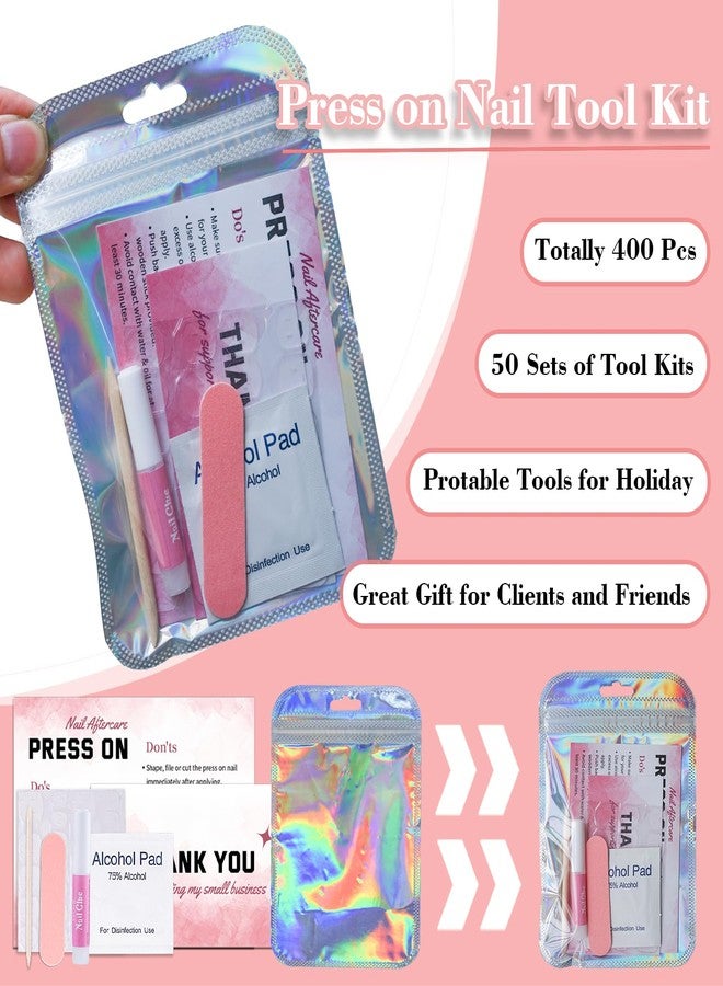 Bebbtiy Press On Nail Tool Kit for Business - Prep Application Disposable Kit With File, Glue, Prep Pads, Instruction Card, Adhesive Tabs, Wood Stick, Holographic Bag (50pcs in Pink) - Image 2
