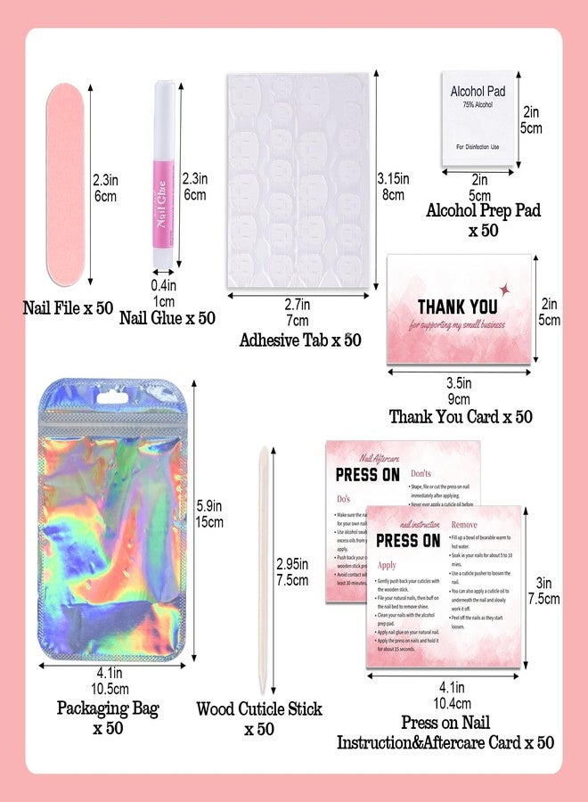Bebbtiy Press On Nail Tool Kit for Business - Prep Application Disposable Kit With File, Glue, Prep Pads, Instruction Card, Adhesive Tabs, Wood Stick, Holographic Bag (50pcs in Pink) - Image 3