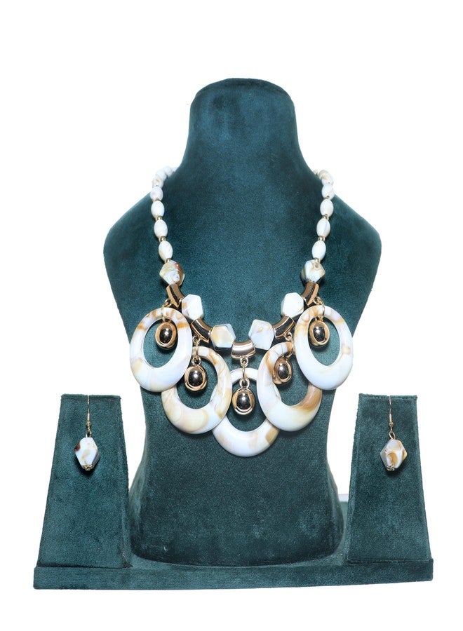 Les Bon Amis Multicolor Statement Necklace Set for Women with Earrings | Chunky Beaded Fashion Jewelry | Resin Pendant Necklace for Party, Wedding and Casual Wear - White - Image 3