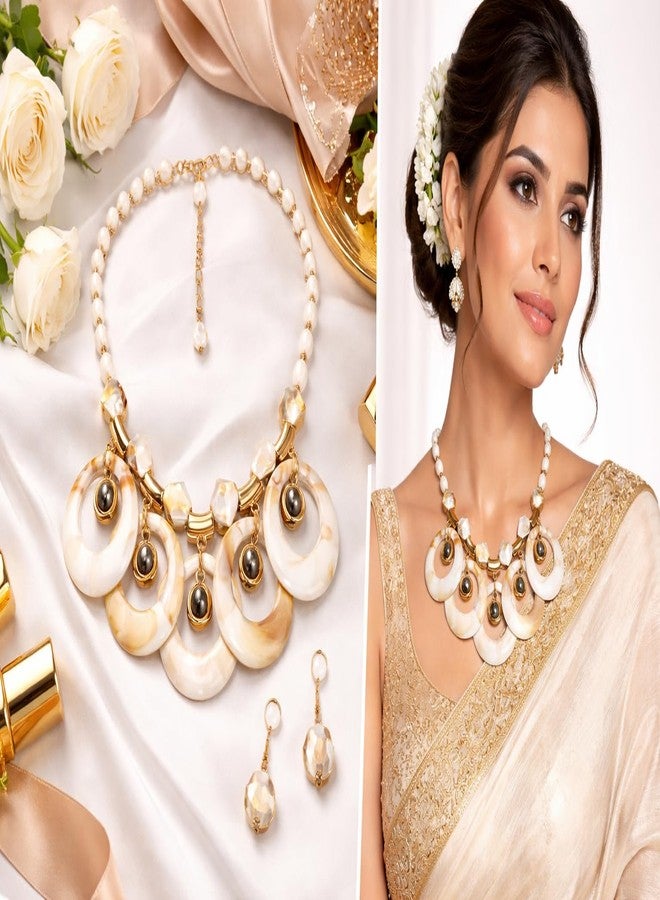 Les Bon Amis Multicolor Statement Necklace Set for Women with Earrings | Chunky Beaded Fashion Jewelry | Resin Pendant Necklace for Party, Wedding and Casual Wear - White - Image 4