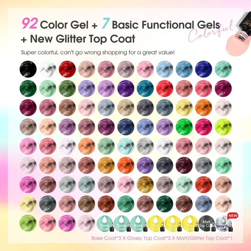 ROSALIND 100PCS Gel Nail Polish Set, 92 PCS Colors Gel Polish Set with 8 Bottles of Base and Glossy Matte Top Coat Starter Nail Set Suitable for All Seasons Gift for Women - Image 2