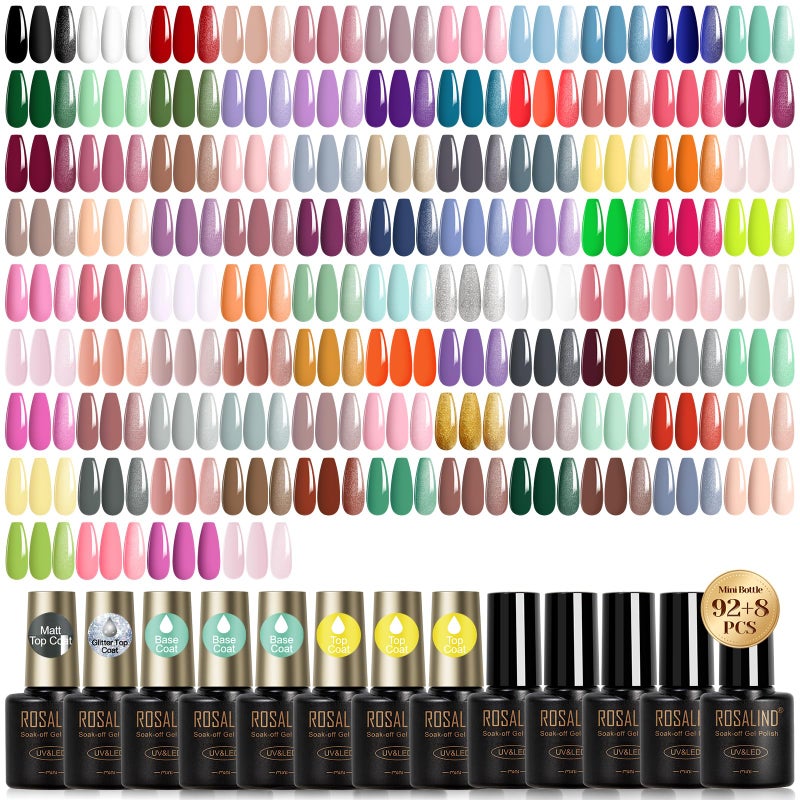 ROSALIND 100PCS Gel Nail Polish Set, 92 PCS Colors Gel Polish Set with 8 Bottles of Base and Glossy Matte Top Coat Starter Nail Set Suitable for All Seasons Gift for Women - Image 1
