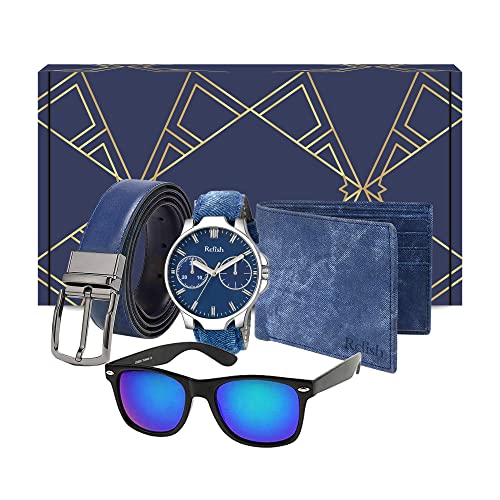 Relish Rubber Denim Analogue Men's And Boy's Watch, Belt, Wayfarer Sunglasses & Blue Wallet Combo Box For Gifts - Image 1