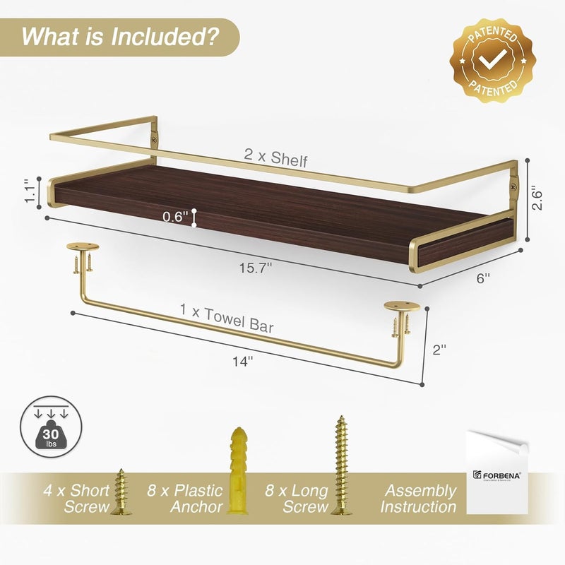 Forbena Floating Shelves Bathroom Shelves Over Toilet Set of 2, Bathroom Wall Shelves with Towel Bar, Wall Mounted Vanity Shelf for Bedroom, Kids Room, Kitchen (Brown & Gold) - Image 3