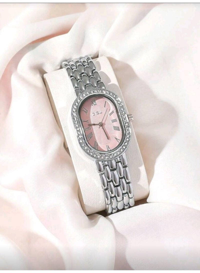 Shein 1pc Women's Oval Dial Two-Tone Stainless Steel Band Classic Business Quartz Watch With Diamonds - Image 1