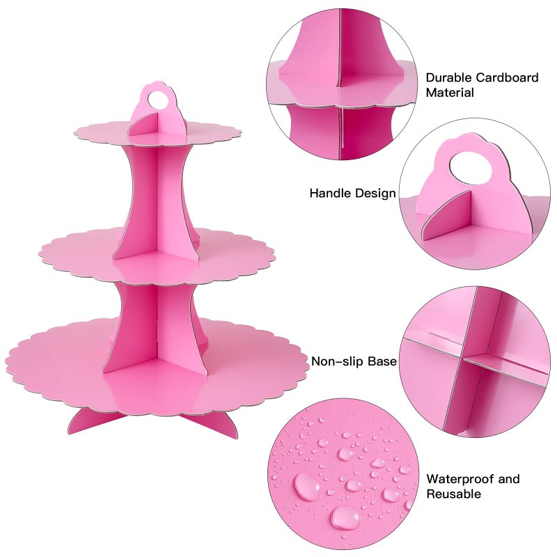 Soleebee 3-Tier Cupcake Stand, Cardboard Cupcake Tower, Dessert Cup Cake Stand Tower for Birthday Wedding Party Decoration, Cupcake Tier Stand 1 Set (Hot Pink) - Image 3