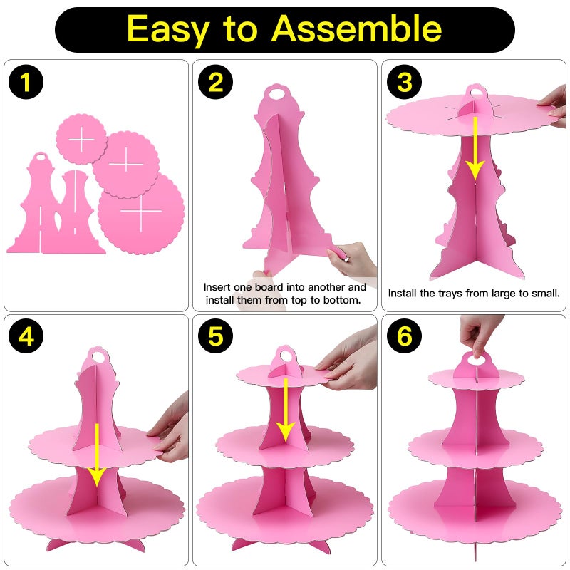 Soleebee 3-Tier Cupcake Stand, Cardboard Cupcake Tower, Dessert Cup Cake Stand Tower for Birthday Wedding Party Decoration, Cupcake Tier Stand 1 Set (Hot Pink) - Image 4