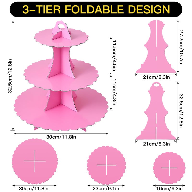 Soleebee 3-Tier Cupcake Stand, Cardboard Cupcake Tower, Dessert Cup Cake Stand Tower for Birthday Wedding Party Decoration, Cupcake Tier Stand 1 Set (Hot Pink) - Image 2