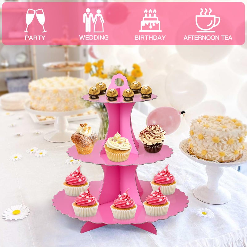 Soleebee 3-Tier Cupcake Stand, Cardboard Cupcake Tower, Dessert Cup Cake Stand Tower for Birthday Wedding Party Decoration, Cupcake Tier Stand 1 Set (Hot Pink) - Image 5