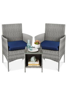 Generic Sweet Furniture 3 Piece Patio Furniture Set, Outdoor Rattan Chairs for Garden, Backyard, Porch, Poolside with Soft Cushion and Glassless Table, Grey/Navy 
