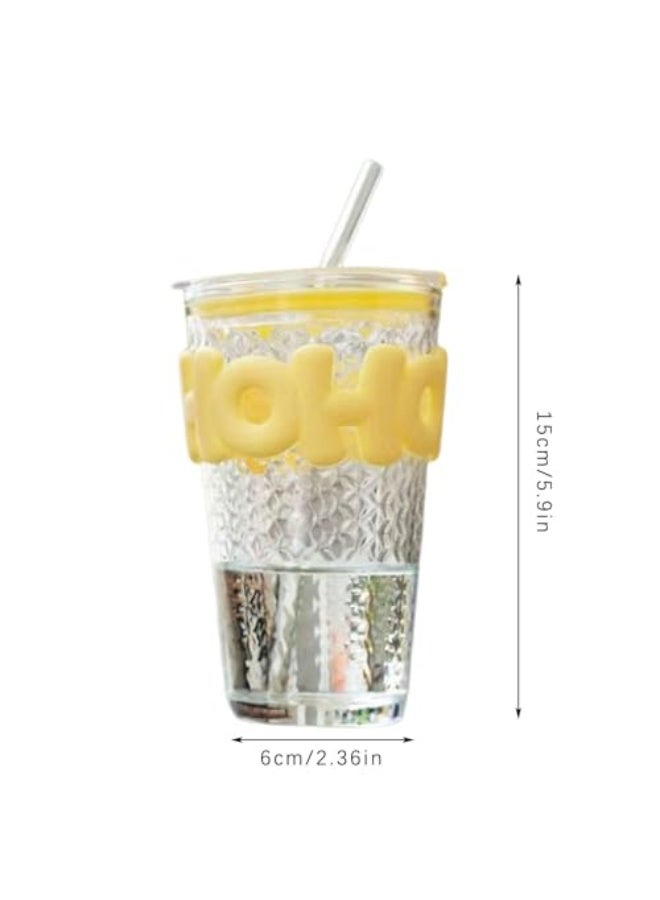 AQUILUX Glass Cups with Lid and Straw, 16 Oz Glass Water Bottles with Silicone Sleeve, Clear Iced Coffee Cups, Large Capacity Straw Drinking Cup with Lid, Summer Crushed Ice Cup Companion Gift (Size : Yellow - Image 2