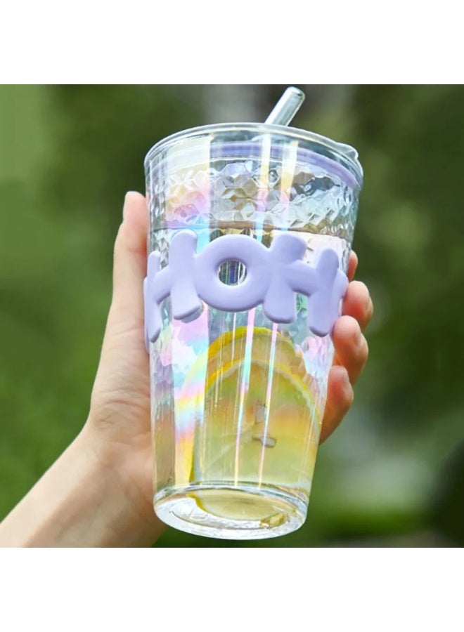 AQUILUX Glass Cups with Lid and Straw, 16 Oz Glass Water Bottles with Silicone Sleeve, Clear Iced Coffee Cups, Large Capacity Straw Drinking Cup with Lid, Summer Crushed Ice Cup Companion Gift (Size : Yellow - Image 5