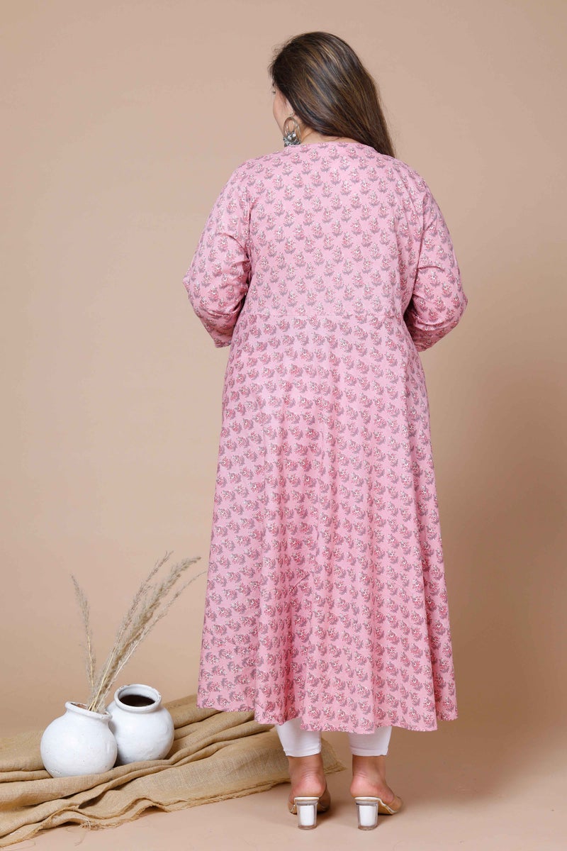 Miravan Womens Pink Plus Size Cotton Floral Printed Long Anarkali Kurta - Image 5