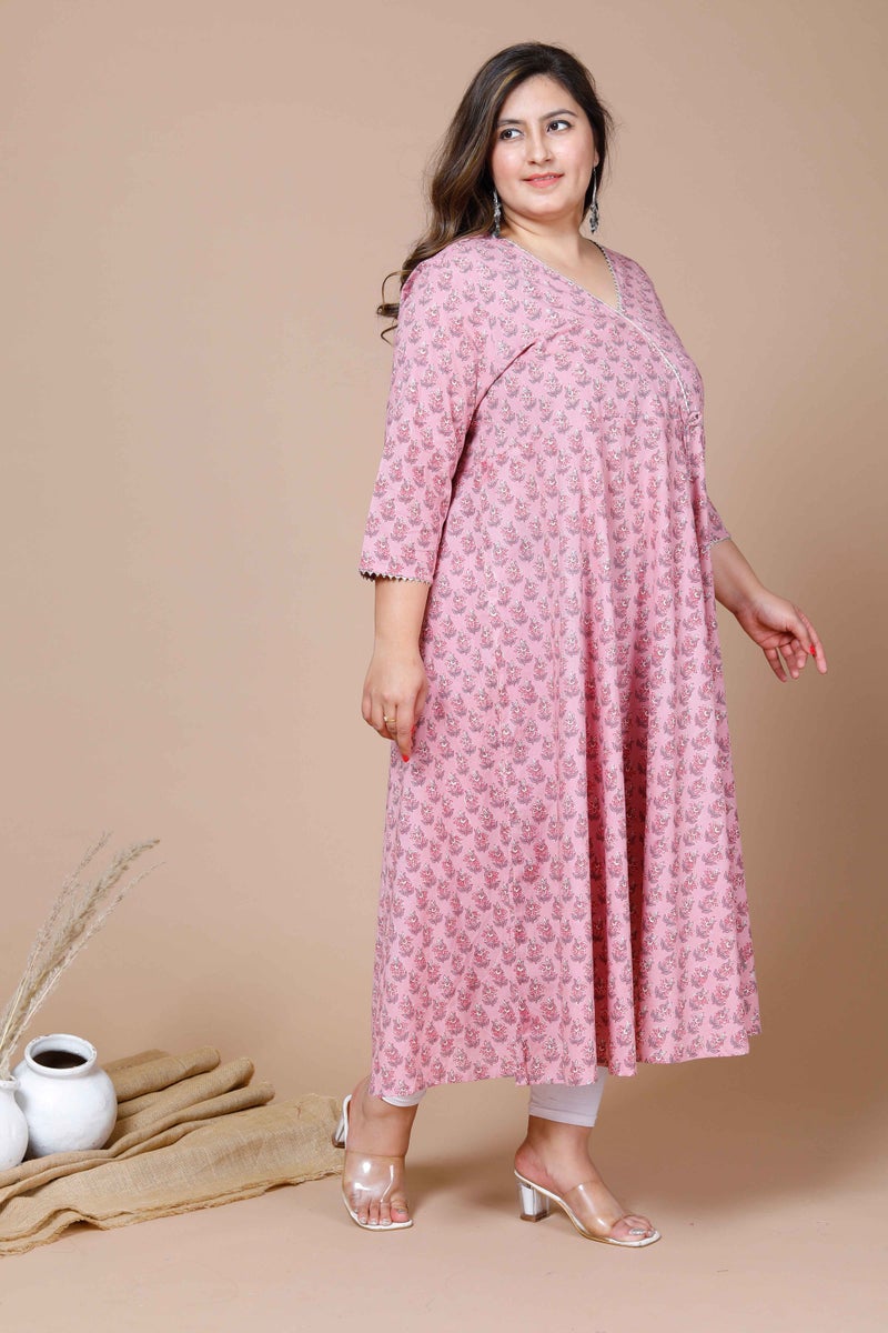 Miravan Womens Pink Plus Size Cotton Floral Printed Long Anarkali Kurta - Image 2