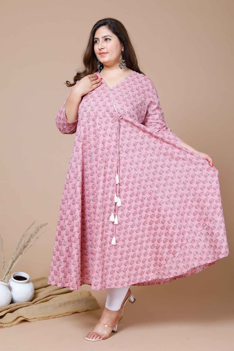 Miravan Womens Pink Plus Size Cotton Floral Printed Long Anarkali Kurta - Image 3