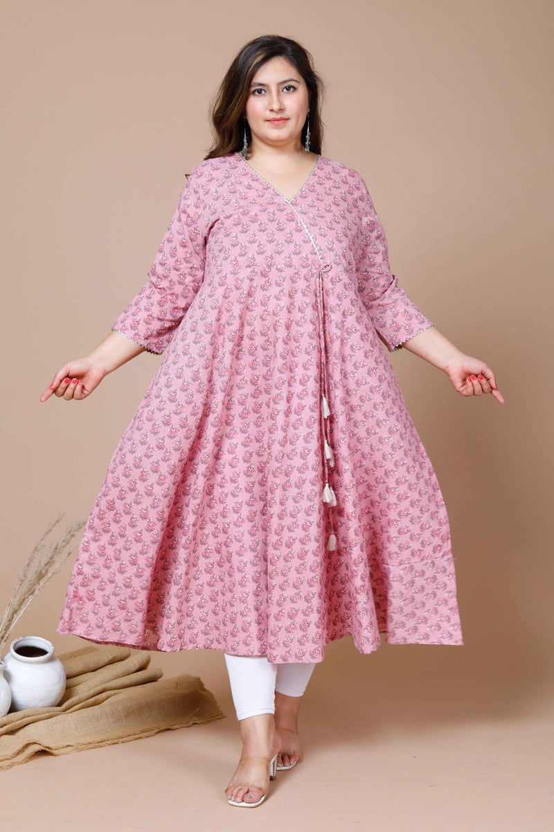Miravan Womens Pink Plus Size Cotton Floral Printed Long Anarkali Kurta - Image 1